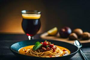 espaguete com tomate molho e uma vidro do vinho. gerado por IA foto