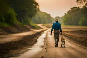 uma homem caminhando dele cachorro baixa uma sujeira estrada. gerado por IA foto
