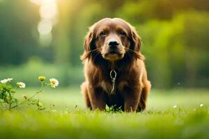 uma Castanho cachorro sentado dentro a Relva com flores gerado por IA foto