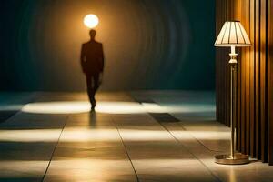 uma homem é caminhando dentro uma Sombrio corredor com uma lâmpada. gerado por IA foto