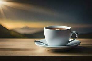 uma copo do café em uma de madeira mesa com uma montanha dentro a fundo. gerado por IA foto