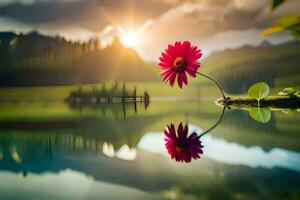uma flor é refletido dentro uma lago com montanhas dentro a fundo. gerado por IA foto