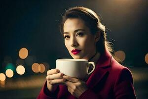 uma mulher dentro vermelho casaco segurando uma copo do café. gerado por IA foto