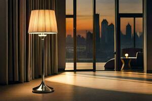 uma luminária é sentado em uma chão dentro frente do uma janela. gerado por IA foto