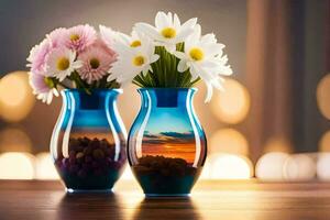 dois vasos com flores dentro eles em uma mesa. gerado por IA foto