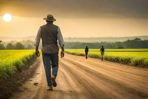 uma homem caminhando baixa uma sujeira estrada com uma chapéu e uma bengala. gerado por IA foto