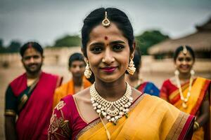 uma mulher dentro uma sari poses para a Câmera. gerado por IA foto