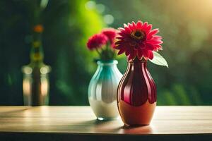 dois vasos com flores em uma mesa. gerado por IA foto