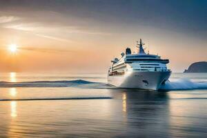 uma cruzeiro navio dentro a oceano às pôr do sol. gerado por IA foto