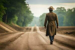 uma homem dentro uma trincheira casaco e chapéu caminhando baixa uma sujeira estrada. gerado por IA foto