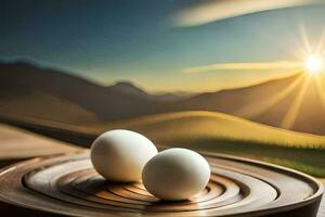 dois ovos em uma de madeira prato com uma pôr do sol dentro a fundo. gerado por IA foto
