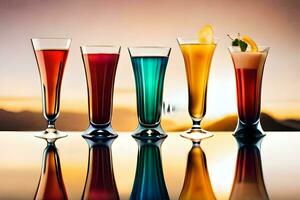 cinco diferente colori bebidas dentro óculos em uma mesa. gerado por IA foto