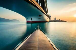 uma barco é ancorado debaixo uma ponte às pôr do sol. gerado por IA foto