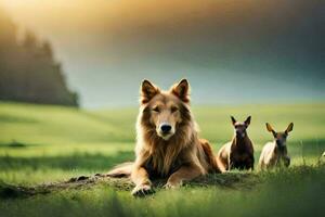 uma cachorro e dois pequeno cachorros sentado dentro a grama. gerado por IA foto