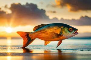 uma peixe é em pé em a de praia às pôr do sol. gerado por IA foto