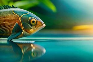 uma peixe é em pé em a água com uma verde fundo. gerado por IA foto