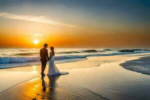 uma Casamento casal em a de praia às pôr do sol. gerado por IA foto