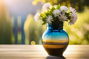 uma vaso com flores em uma mesa dentro a Sol. gerado por IA foto