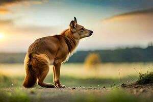 uma cachorro é em pé em a estrada às pôr do sol. gerado por IA foto