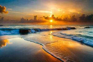 a Sol sobe sobre a oceano e ondas batida para dentro a costa. gerado por IA foto