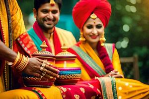 uma casal dentro tradicional indiano vestuário é sorridente. gerado por IA foto