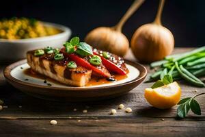 uma prato do peixe com legumes e limão. gerado por IA foto