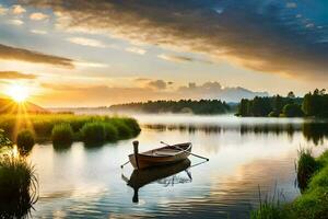 a barco em a lago às pôr do sol. gerado por IA foto