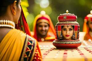 uma mulher dentro tradicional indiano vestir é olhando às uma Panela. gerado por IA foto