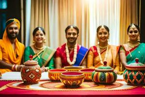 indiano Casamento festa com colorida pratos. gerado por IA foto