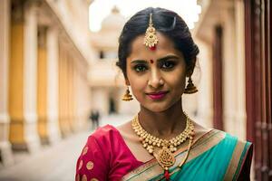 uma lindo indiano mulher vestindo uma sari e joia. gerado por IA foto