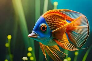 a laranja peixe com azul olhos é natação dentro a água. gerado por IA foto