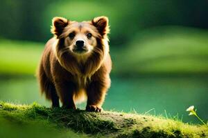 uma Castanho cachorro em pé em uma gramíneo Colina perto uma lago. gerado por IA foto