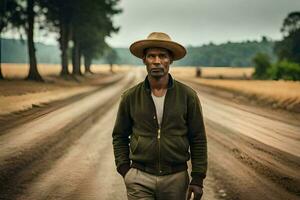 uma homem vestindo uma chapéu e Jaqueta caminhando baixa uma sujeira estrada. gerado por IA foto