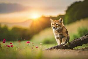 uma Raposa senta em uma ramo dentro uma campo às pôr do sol. gerado por IA foto