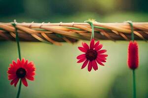 vermelho flores suspensão a partir de uma bambu pólo. gerado por IA foto