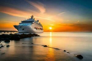 uma cruzeiro navio dentro a oceano às pôr do sol. gerado por IA foto