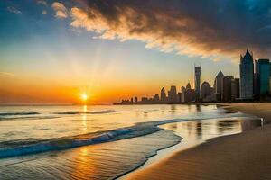 a Sol conjuntos sobre a cidade Horizonte dentro dubai. gerado por IA foto