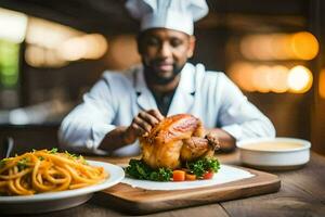 uma chefe de cozinha é segurando uma frango em uma placa. gerado por IA foto