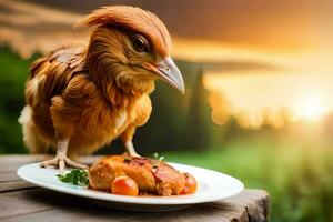 uma frango é em pé em uma prato com Comida. gerado por IA foto