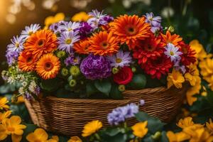 uma cesta cheio do colorida flores em uma ensolarado dia. gerado por IA foto