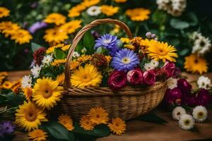 uma cesta cheio do flores em uma mesa. gerado por IA foto