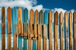 uma de madeira cerca com azul céu e nuvens dentro a fundo. gerado por IA foto