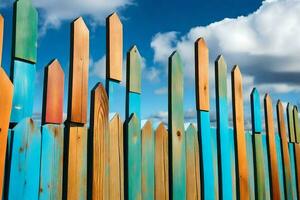 uma colorida de madeira cerca com azul céu dentro a fundo. gerado por IA foto