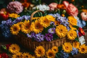 uma cesta cheio do colorida flores é em uma mesa. gerado por IA foto