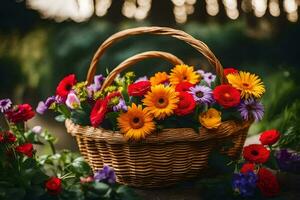 uma cesta cheio do colorida flores é sentado em uma de madeira mesa. gerado por IA foto
