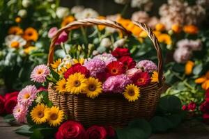 uma cesta cheio do flores em uma de madeira mesa. gerado por IA foto