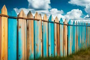 uma de madeira cerca com azul e branco pintar. gerado por IA foto