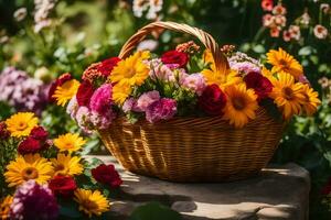 uma cesta cheio do colorida flores sentado em uma Rocha. gerado por IA foto