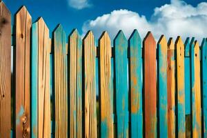 uma de madeira cerca com azul céu e nuvens. gerado por IA foto