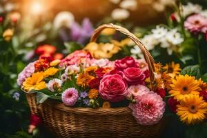 uma cesta cheio do flores em uma ensolarado dia. gerado por IA foto